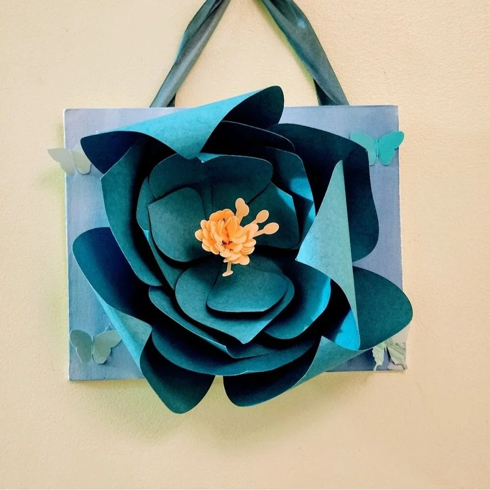 Hand Crafted 3-D Rose Art Canvas Floral Blue Mixed Media 8x10 inch